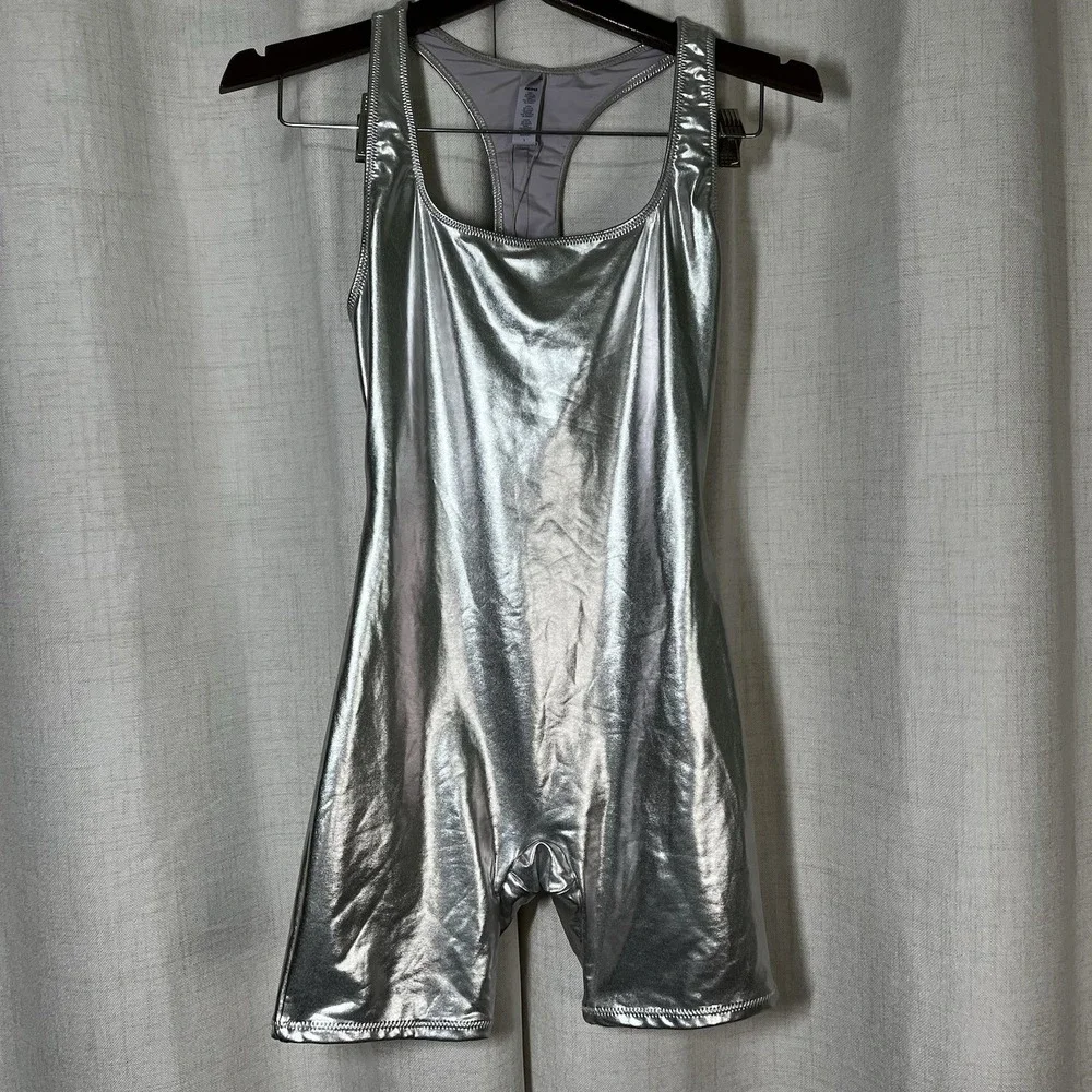 NEW! Skims Women Nickel Silver Metallic‎ Swim Cycle Body Suit Size Small